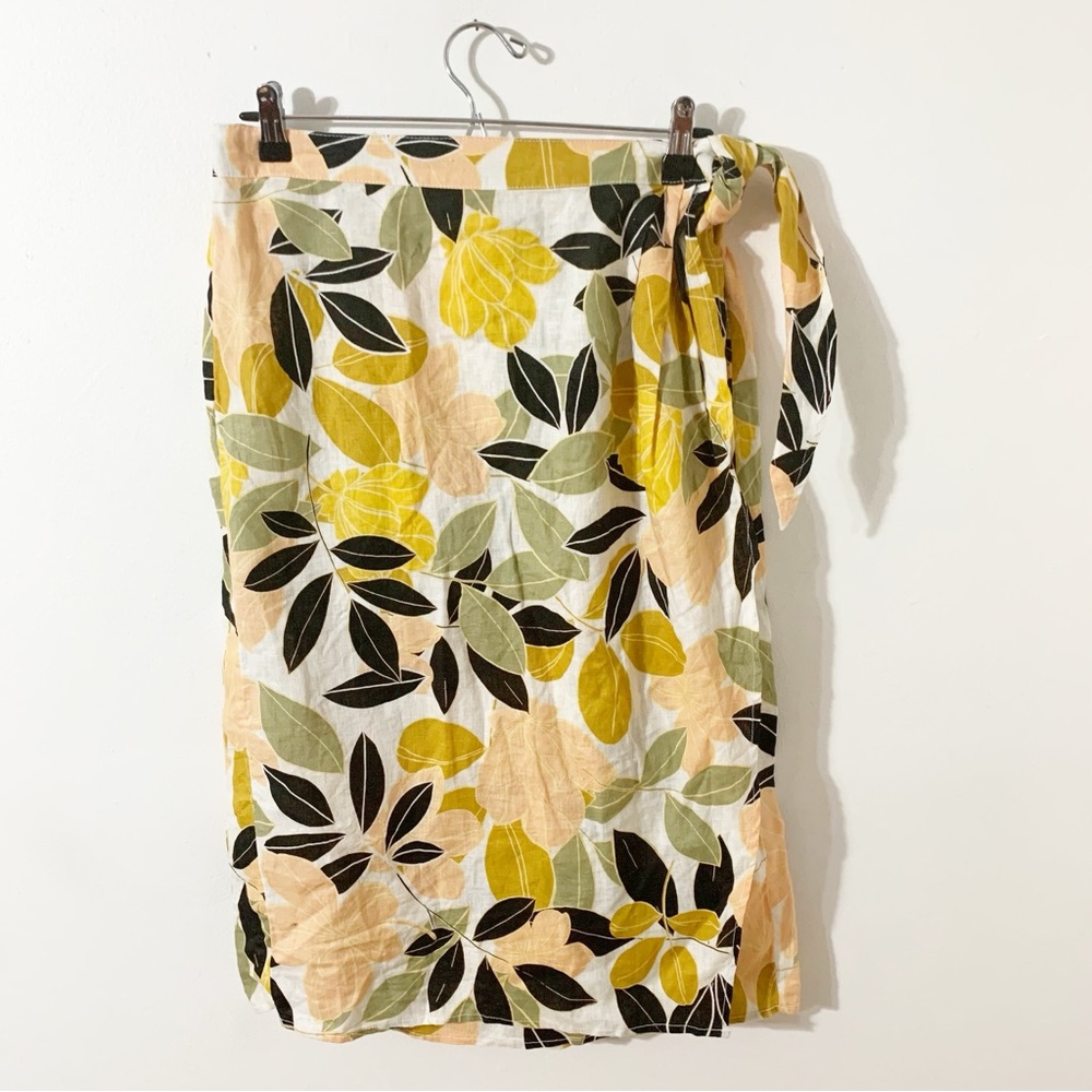 Rachel Zoe Floral Print 100%Linen Wrap Around Skirt with Side Tie Elastic Waist